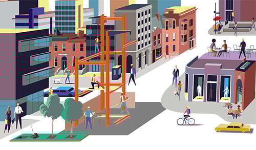 colorful illustration of commercial real estate in a bustling city